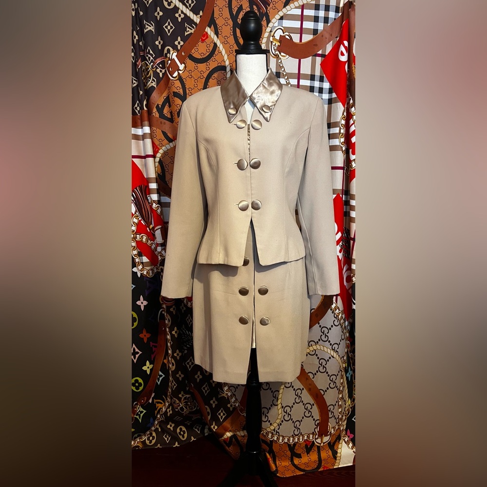 Elegant Taupe Skirt Suit Set with Satin Trim